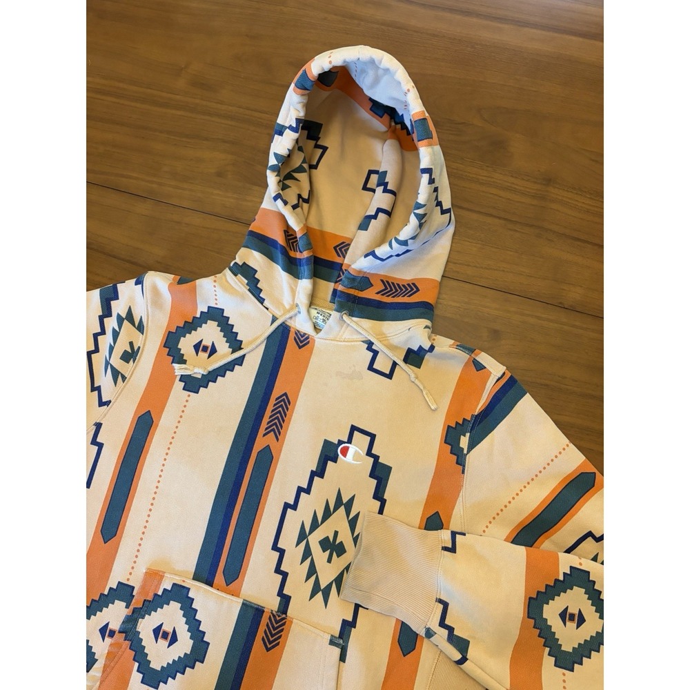 Vintage Champion Reverse Weave Aztec Hoodie Mens Medium Brown Kangaroo Pocket
